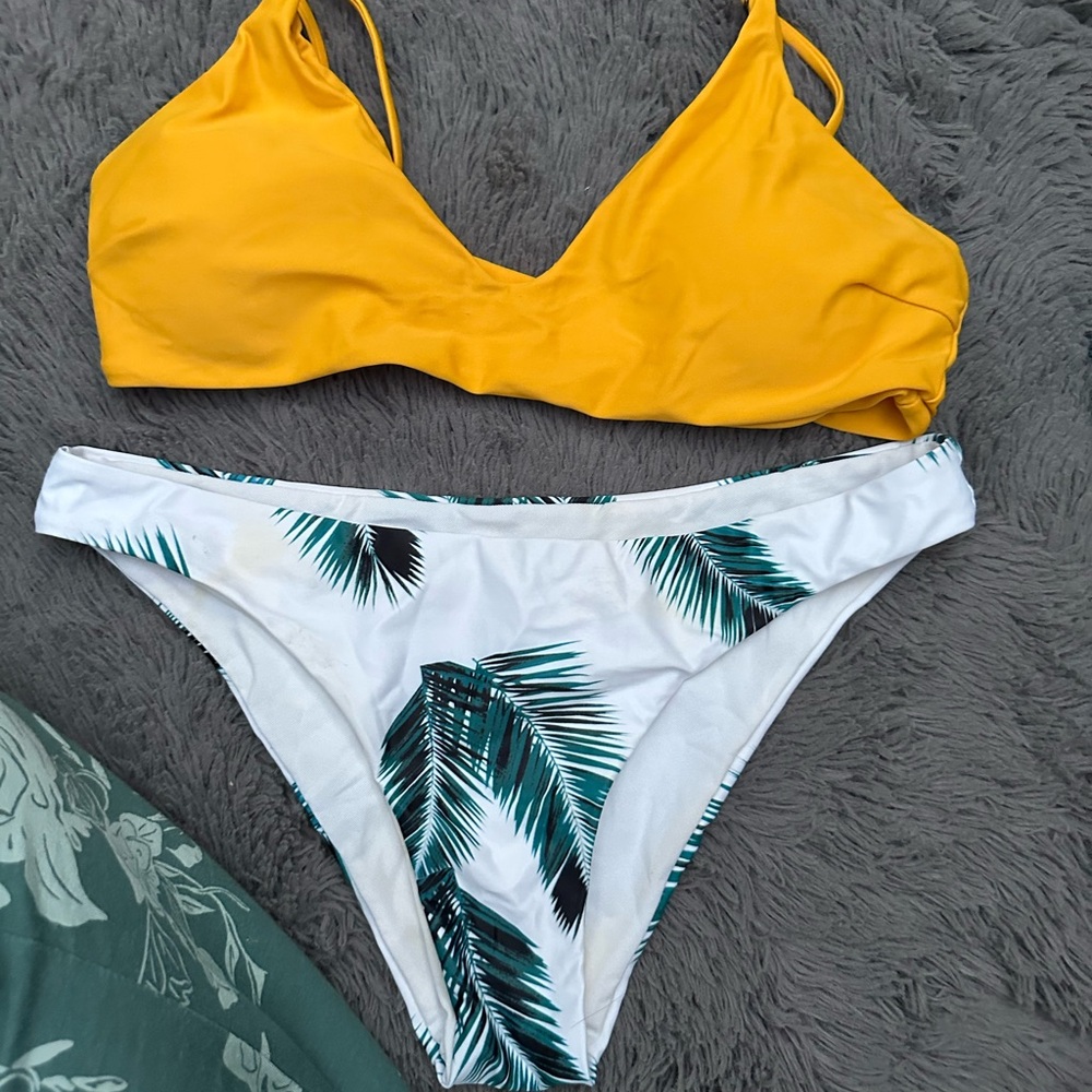 Yellow Bikini Top with Palm Print Bottom